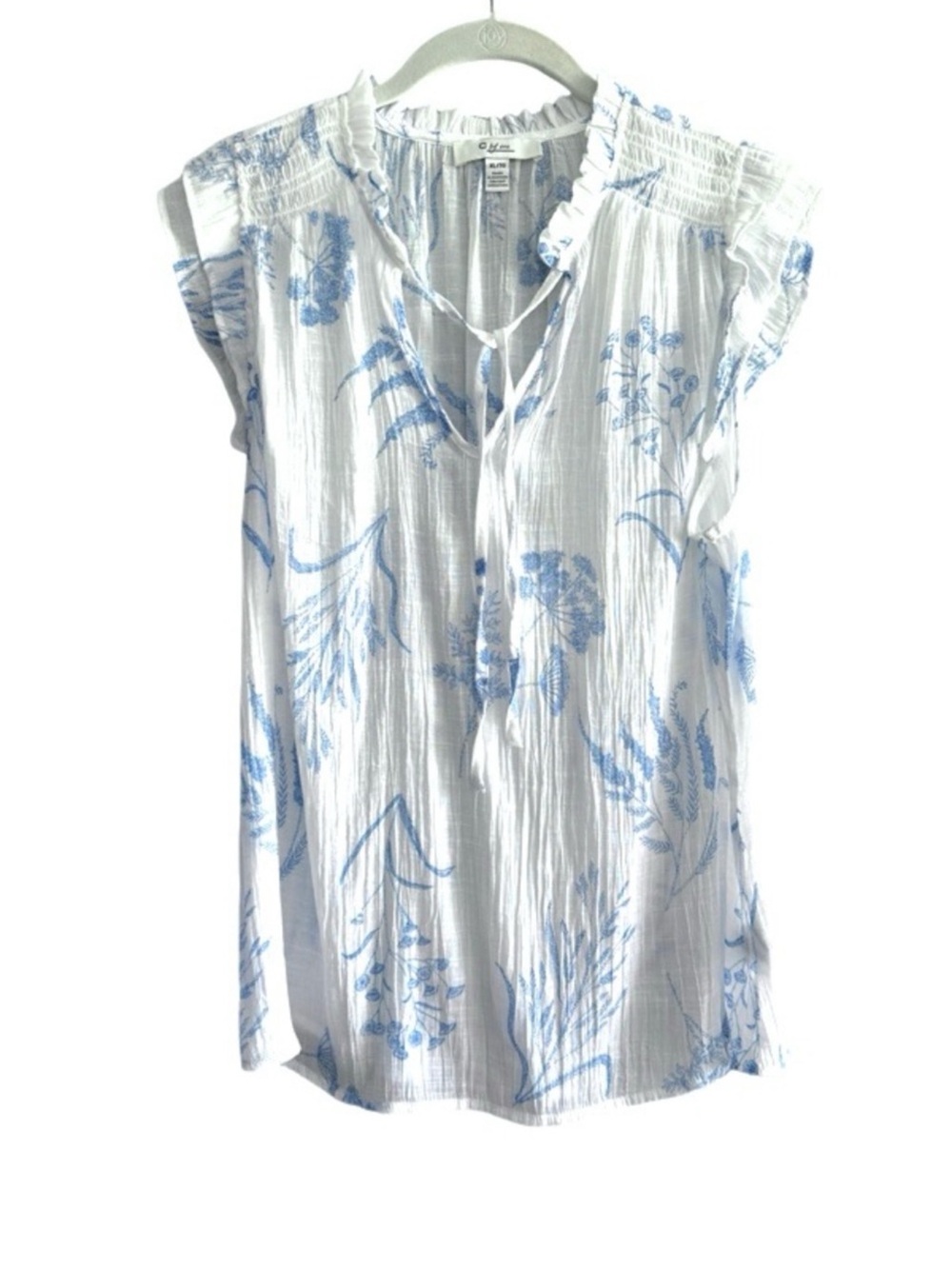 C by One Flutter Sleeve Blouse Flowy Boho Split Neck Blue White Size XL